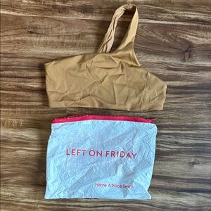 LEFT ON FRIDAY One-Shoulder Swim Top in Camel size S with Red-Zip Branded Pouch